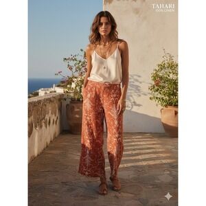TAHARI 100% Linen Wide Leg Pants Burnt Orange Damask Boho Coastal Grandma L